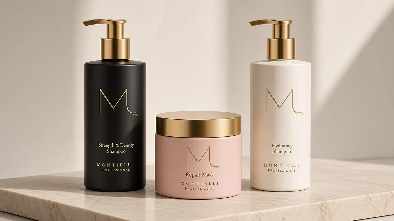 Champú Strength & Density, Mascarilla Reparadora y Champú Hidratante Montielli sobre piedra